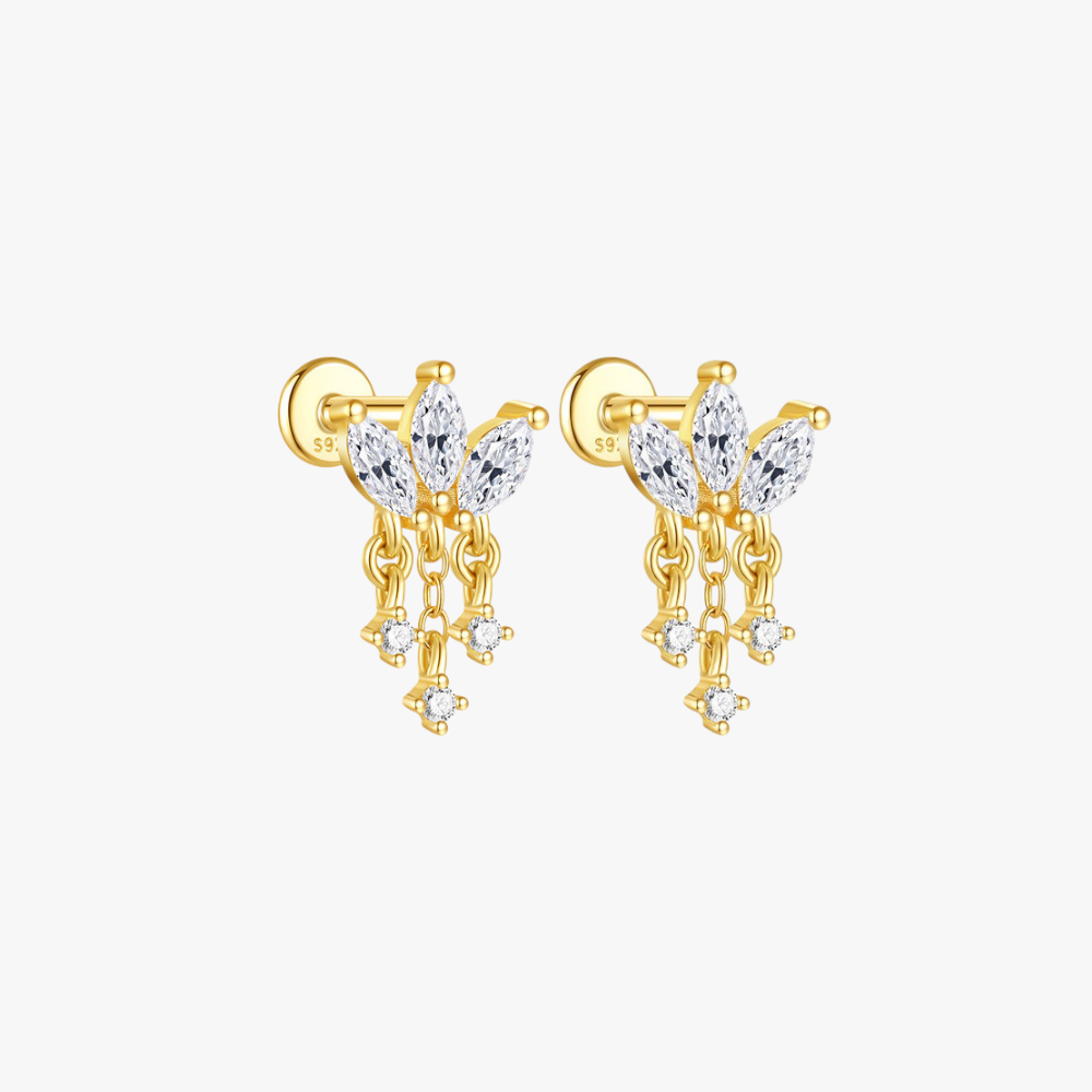 Elegant gold-plated S925 sterling silver zircon drop earrings with marquise-cut stones and delicate dangling chains for a stylish look.