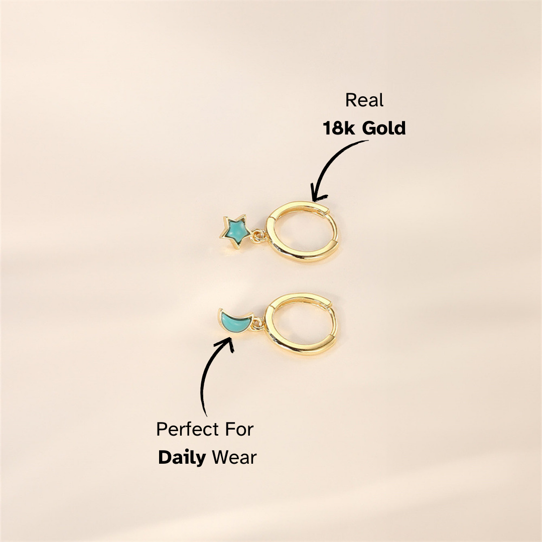 Gold Hoop Earrings with Moon and Star Charms - 925 Sterling Silver Turquoise Dangle Earrings, Trendy Jewelry for Women