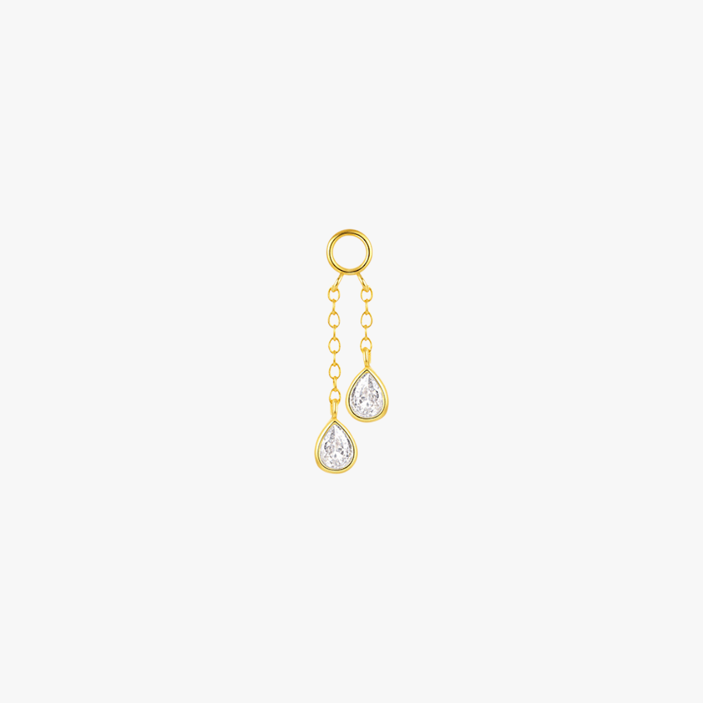 Elegant gold chain earring charm featuring two delicate pear-shaped crystals, ideal for a chic, layered look.