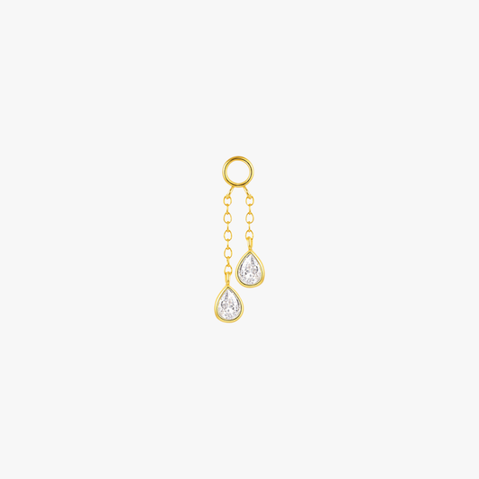 Elegant gold chain earring charm featuring two delicate pear-shaped crystals, ideal for a chic, layered look.