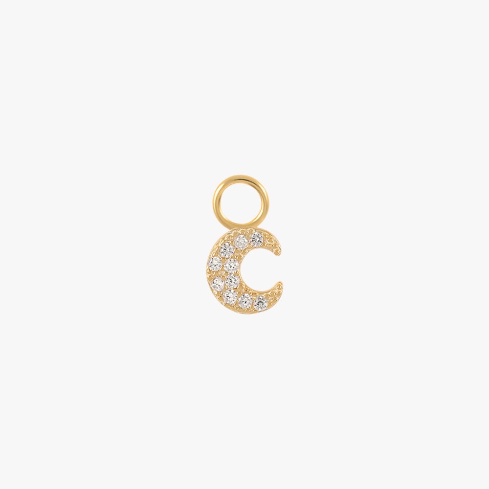 A gold crescent moon charm with diamonds.