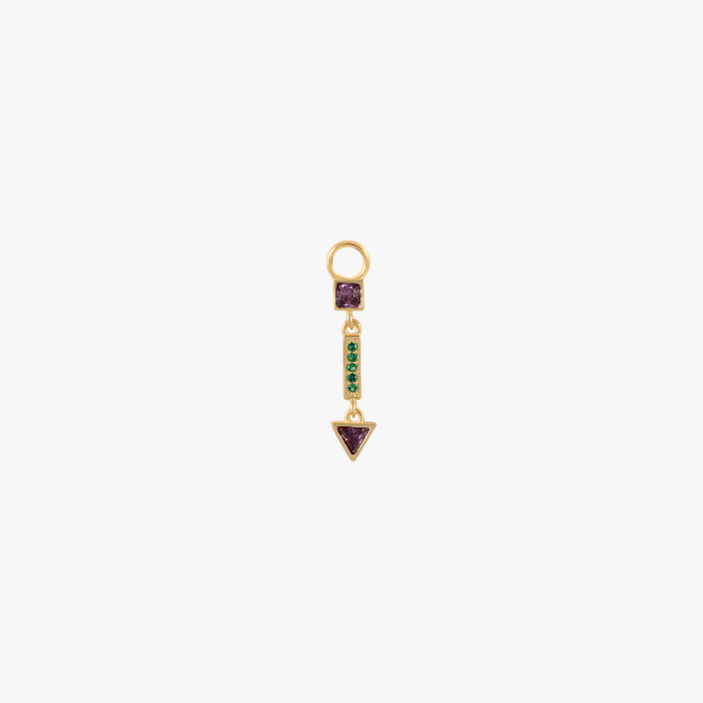 A gold arrow charm with gemstones.