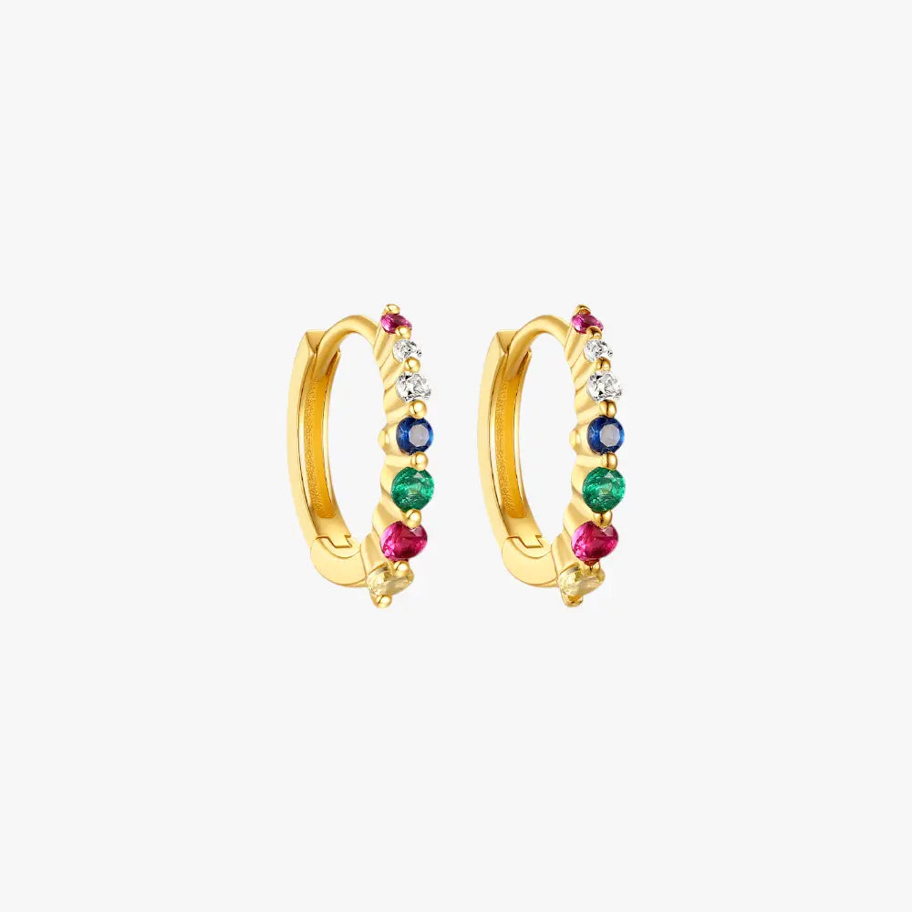  A pair of gold hoop earrings with multi-colored gemstones.