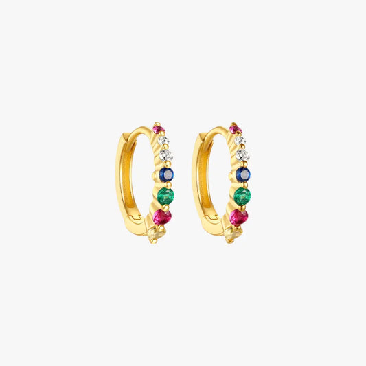  A pair of gold hoop earrings with multi-colored gemstones.