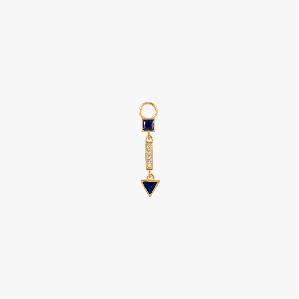 A gold charm with a sapphire and diamonds.