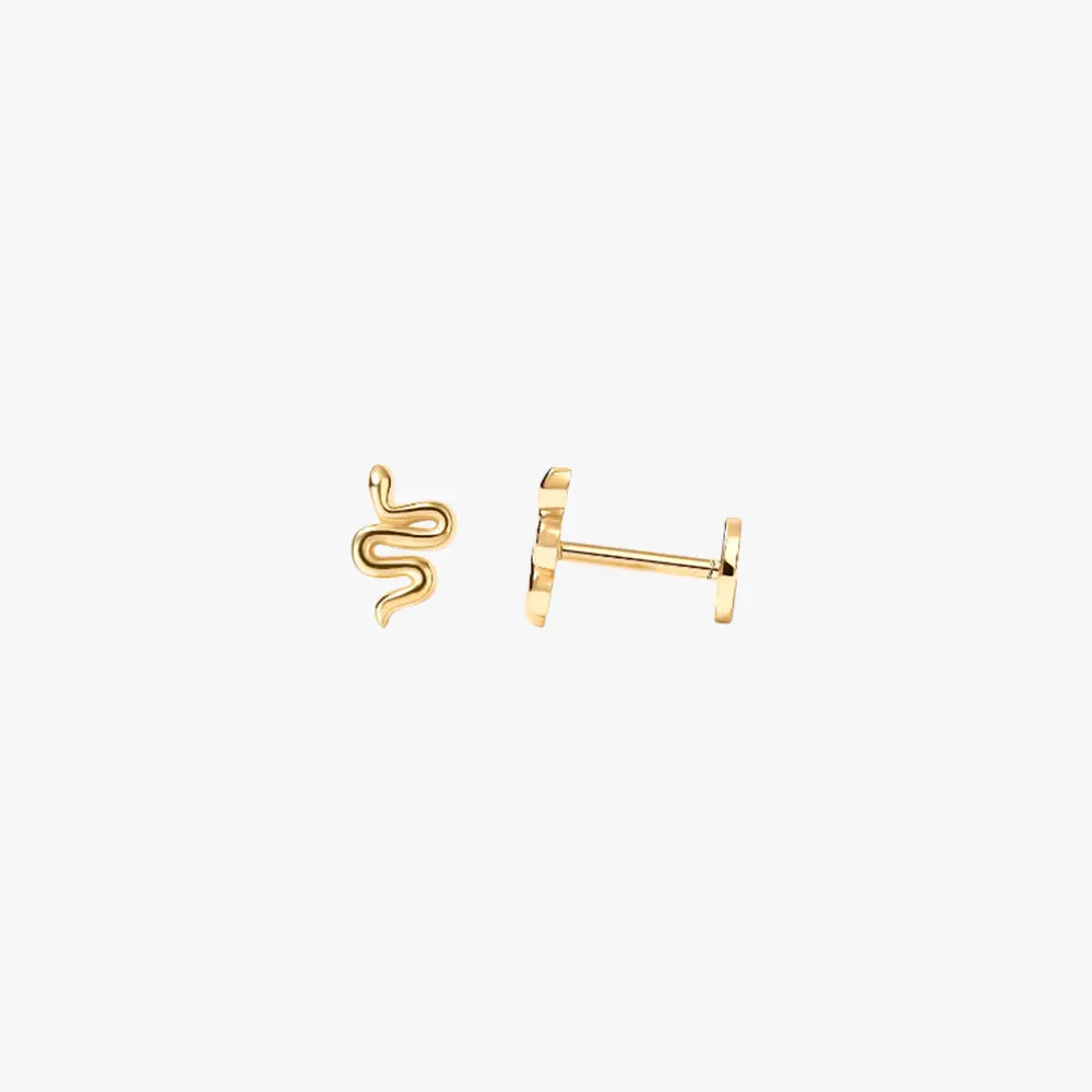 A pair of gold stud earrings with a snake design.