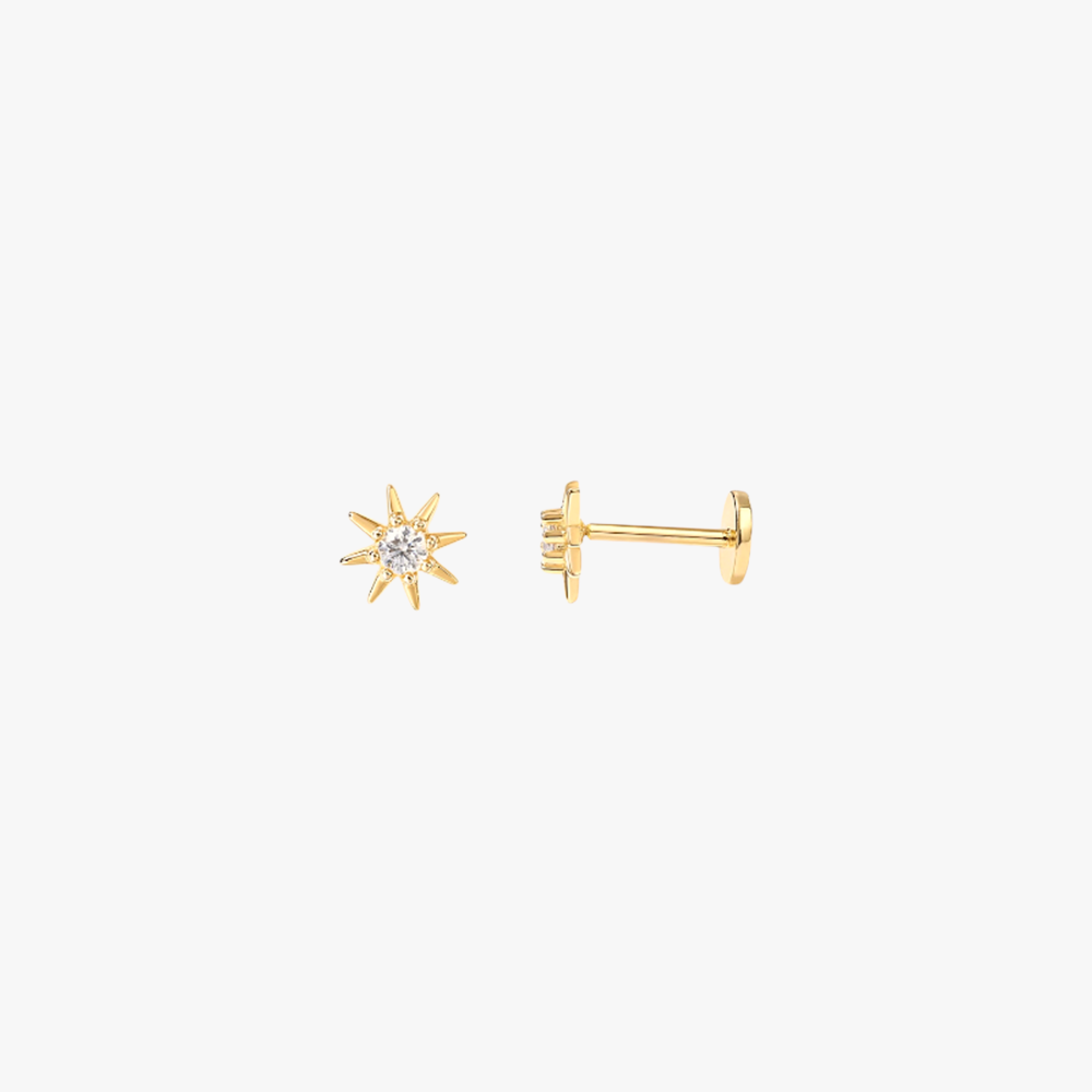 A pair of gold stud earrings with a sun design.