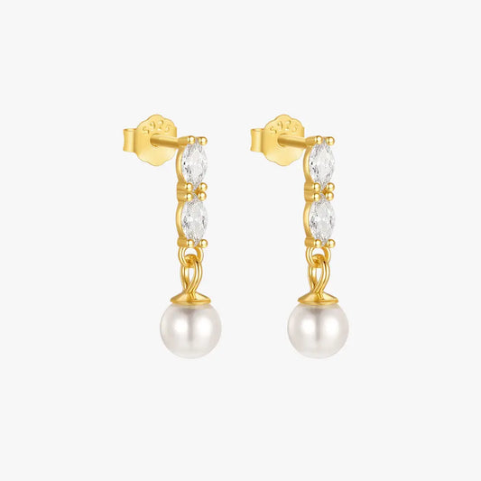 Elegant gold-plated sterling silver pearl drop earrings with sparkling marquise-shaped cubic zirconia stones, perfect for sophisticated occasions.