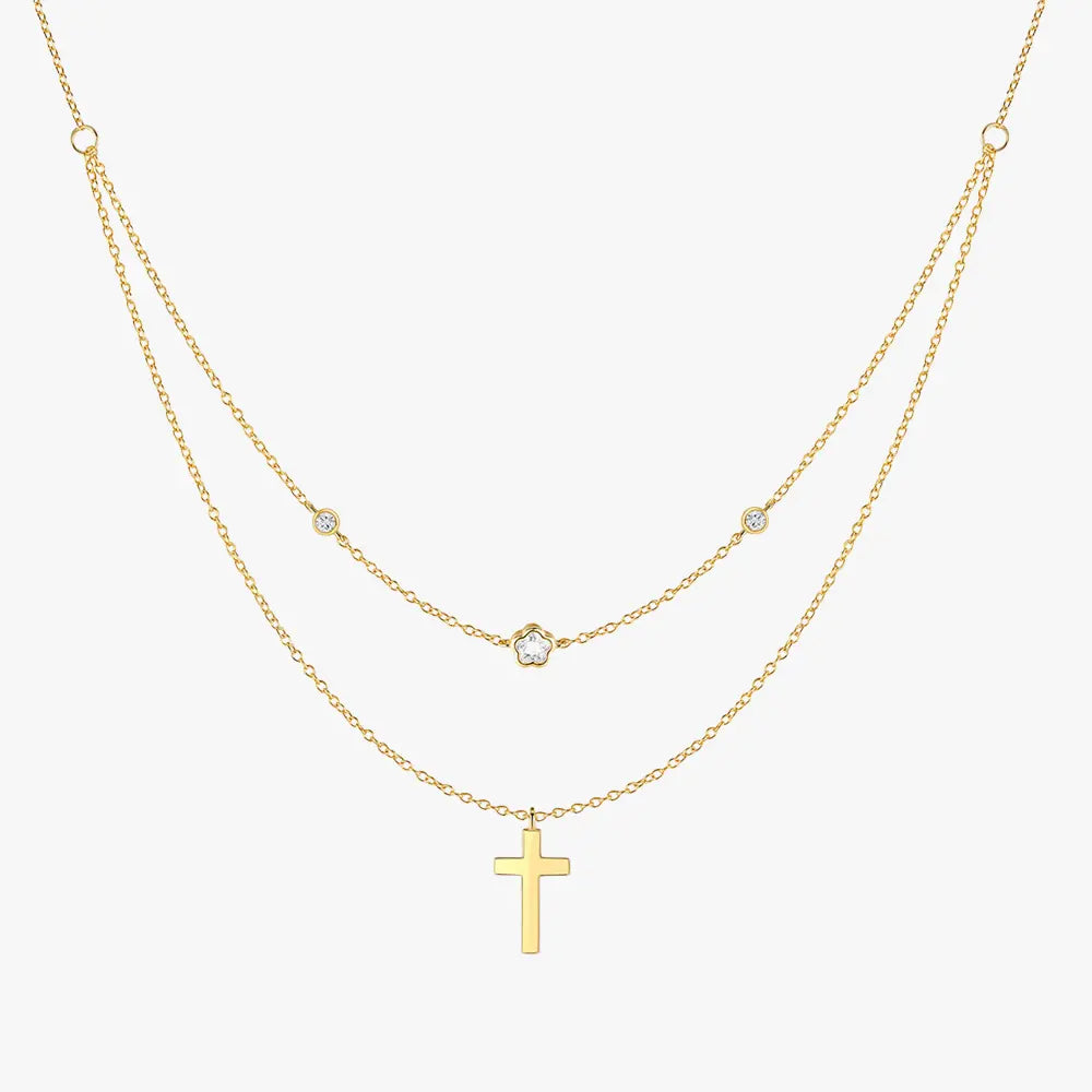 Double-layer gold necklace with cross and floral charms in 925 sterling silver, featuring a modern and elegant design for women.