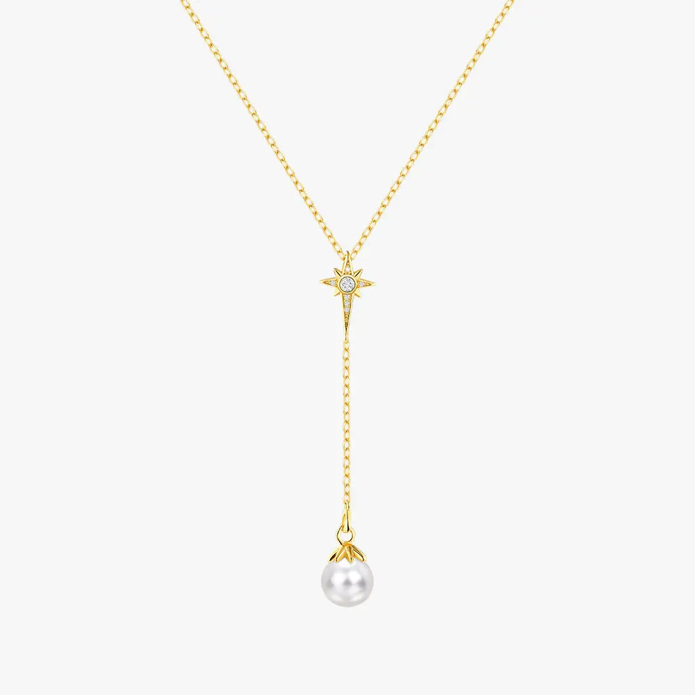 Gold Y-shaped necklace with a delicate star-shaped pendant and a dangling pearl accent, crafted from 925 sterling silver.