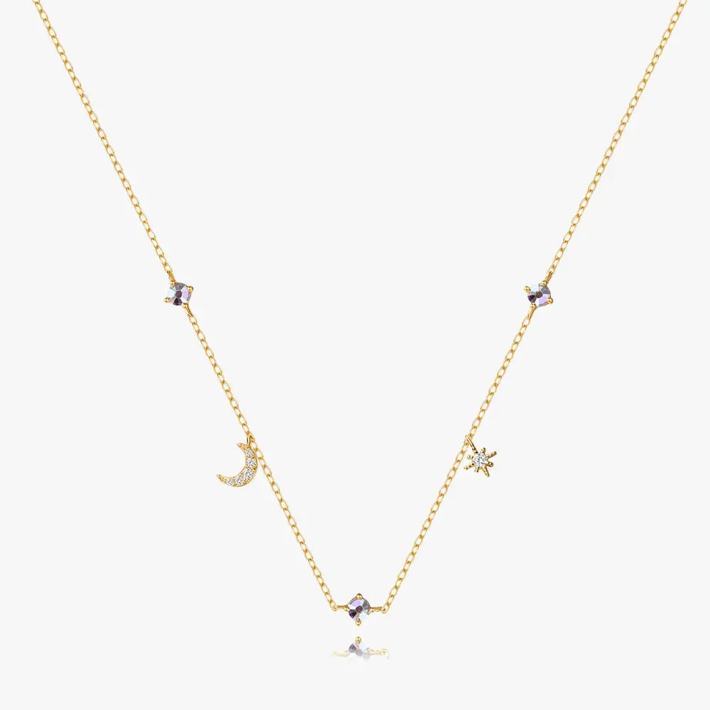 925 Sterling Silver Star & Moon Colored Zirconia Necklace