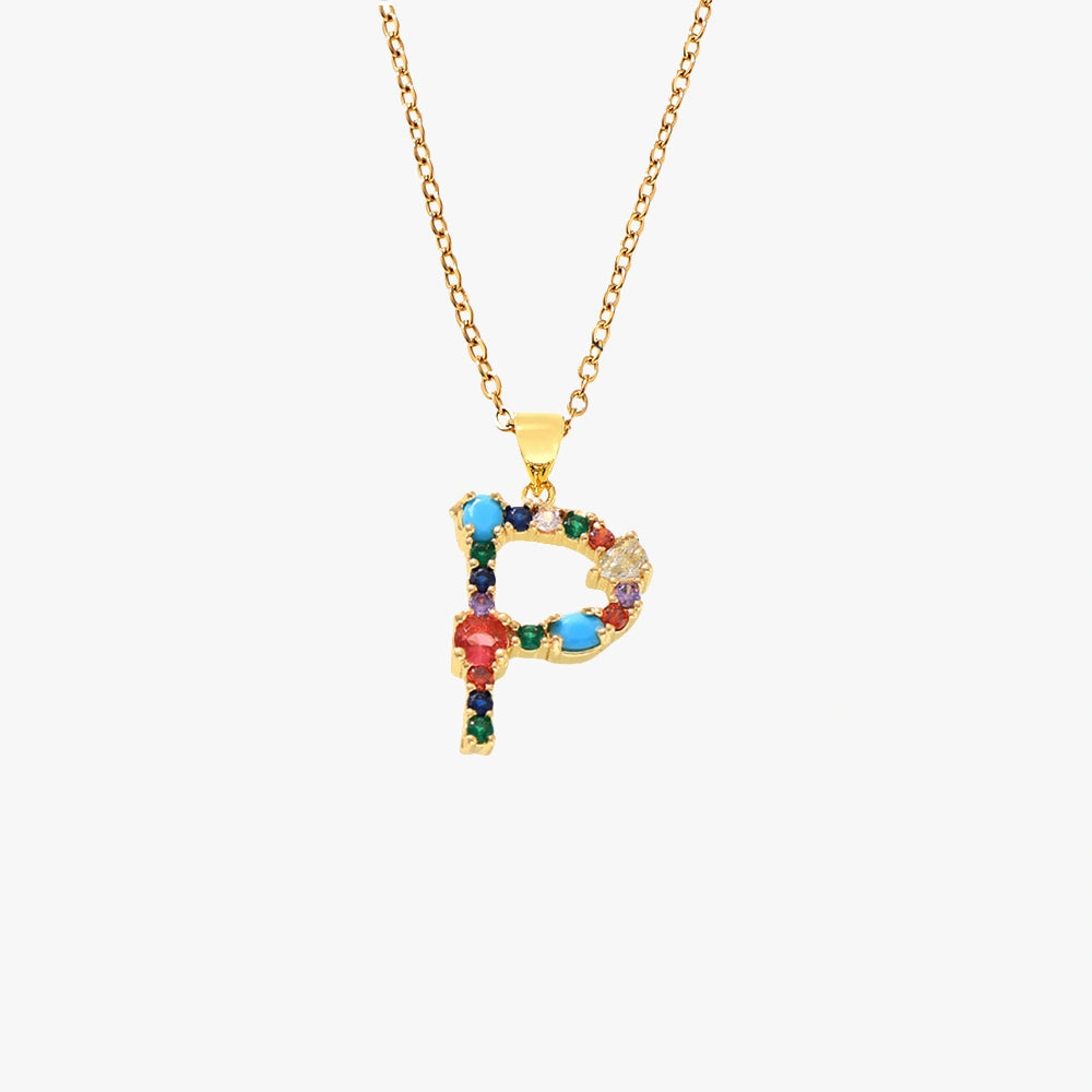 Colorful Zircon Letter Pendant Necklace - Alphabet Collection