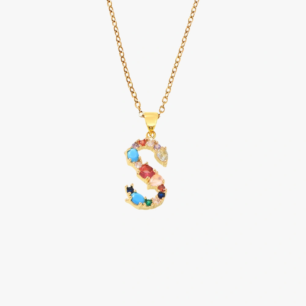 Colorful Zircon Letter Pendant Necklace - Alphabet Collection