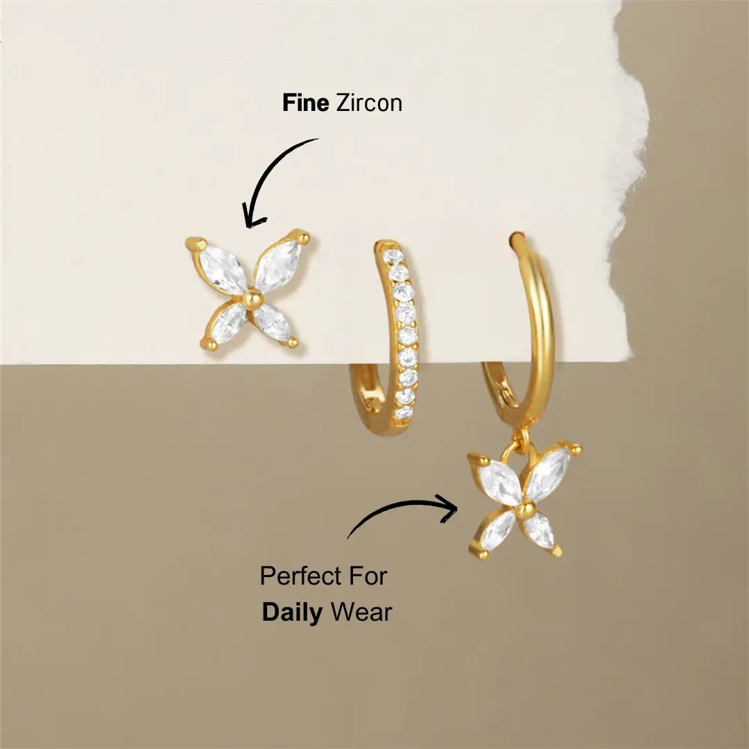 925 Sterling Silver Zirconia Flower Hoop and Stud Earring Set