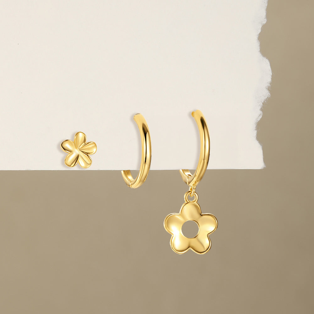 S925 gold hoop earrings with flower charm and stud earring, featuring a minimalist and elegant jewelry set.