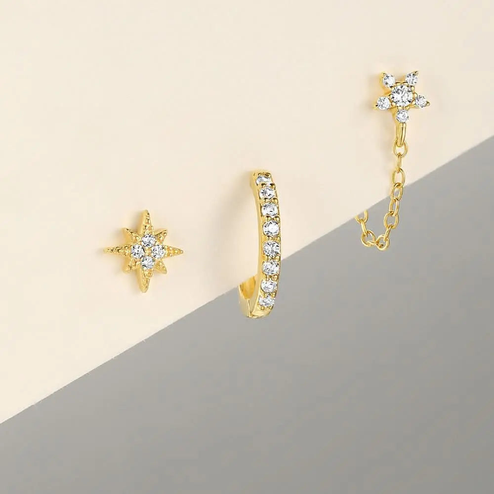 S925 gold plated crystal flower earring set with chain and hoop, delicate star-shaped design