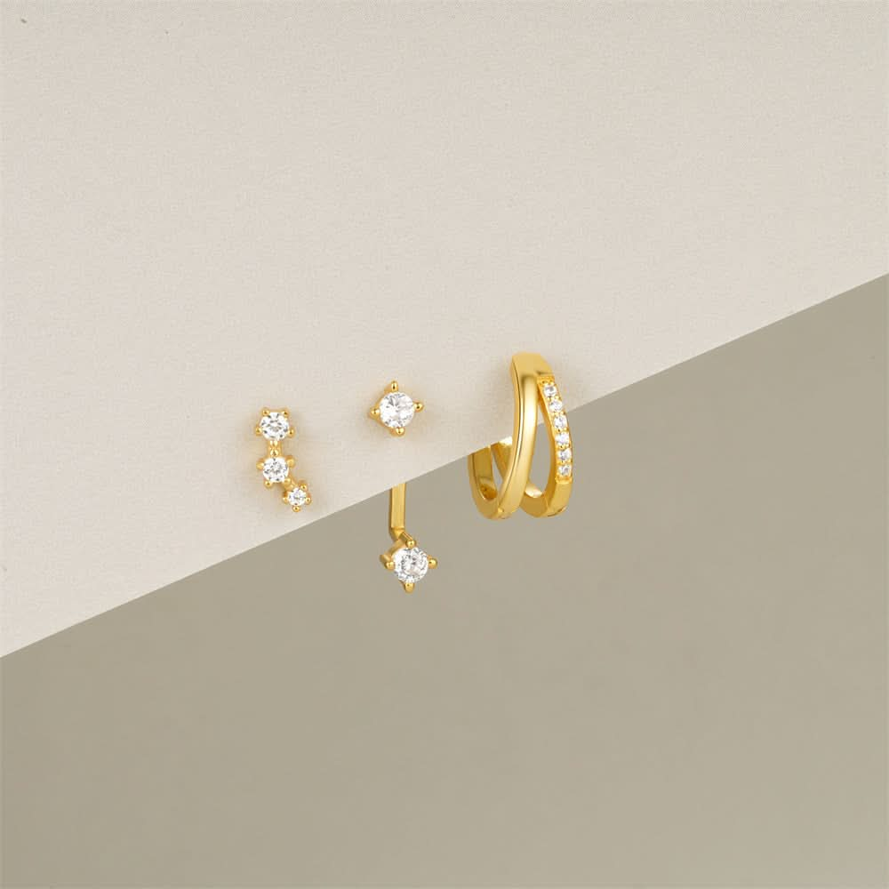 S925 gold plated triple crystal stud earrings and hoop, luxurious layered look with sparkling stones.