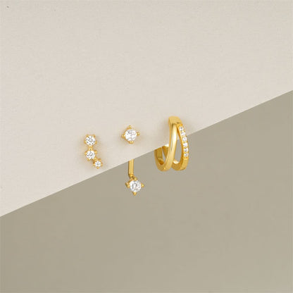 S925 gold plated triple crystal stud earrings and hoop, luxurious layered look with sparkling stones.