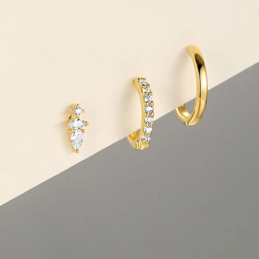 S925 gold plated zircon hoop earrings with marquise cut stone, elegant and minimalistic design.