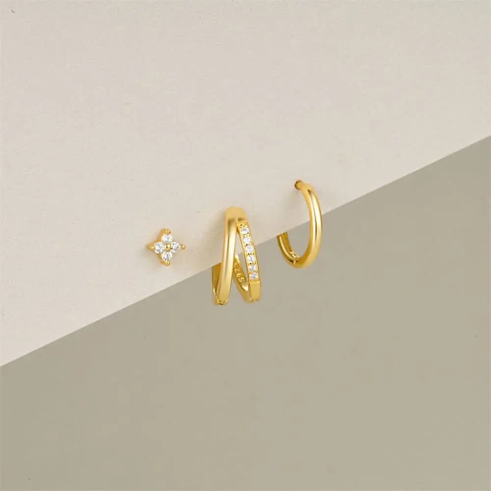 S925 gold plated zircon star hoop earring set, featuring delicate star and minimalist hoop.