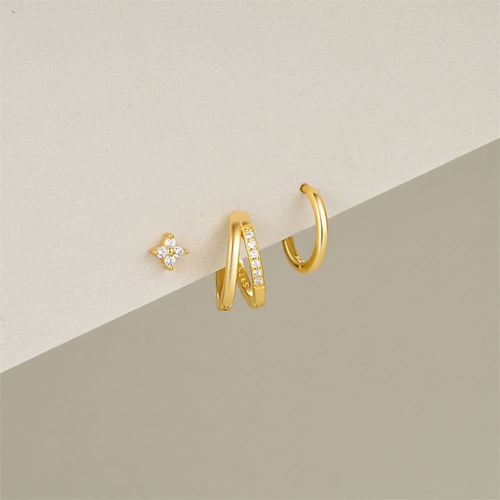 S925 gold plated zircon star hoop earring set, featuring delicate star and minimalist hoop.