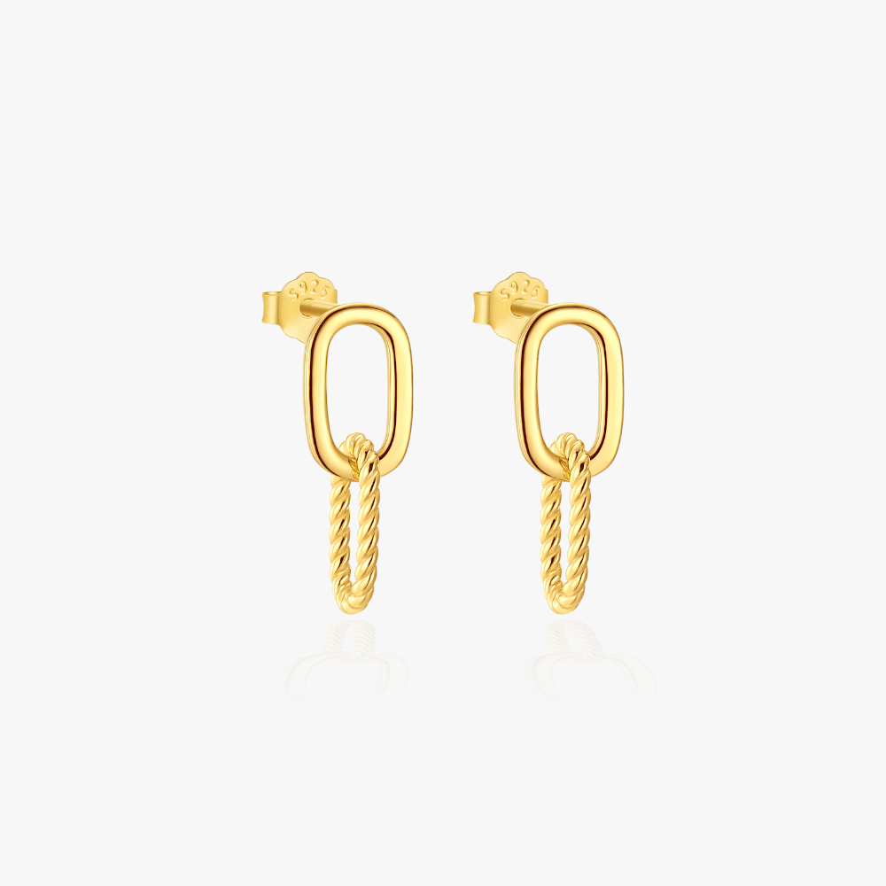 S925 gold twisted chain link drop earrings with modern design, perfect for a stylish and sophisticated look.