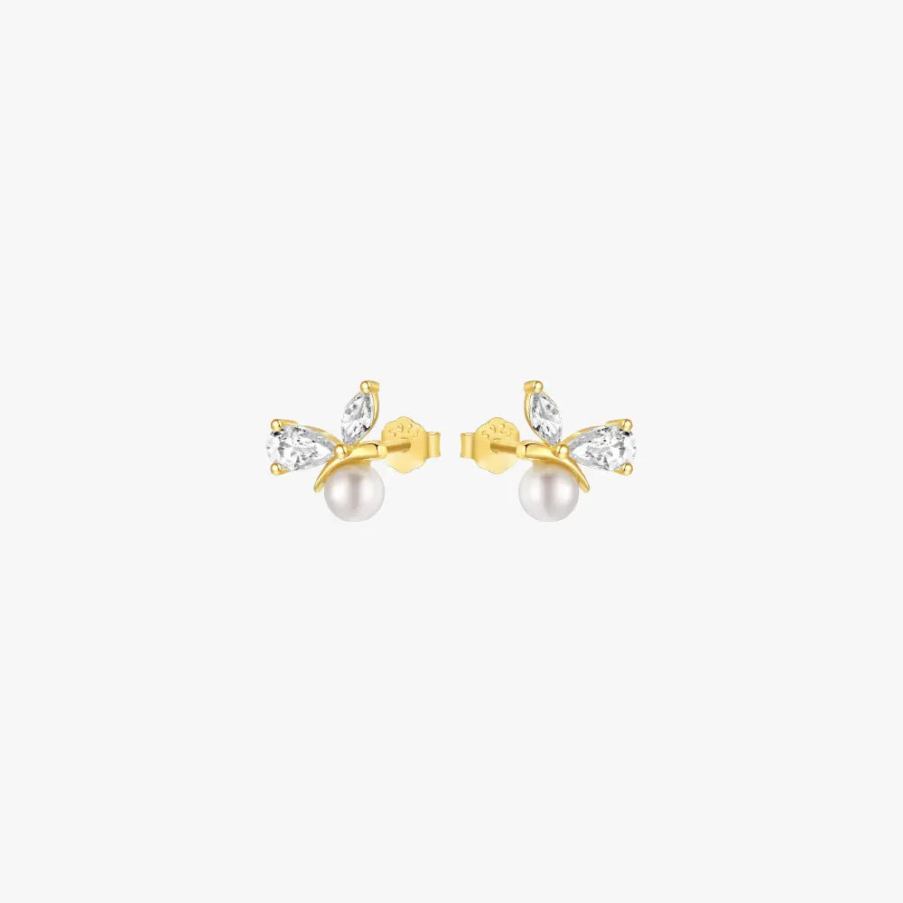 S925 sterling silver butterfly-shaped pearl and zircon earrings in gold finish, delicate and elegant design.