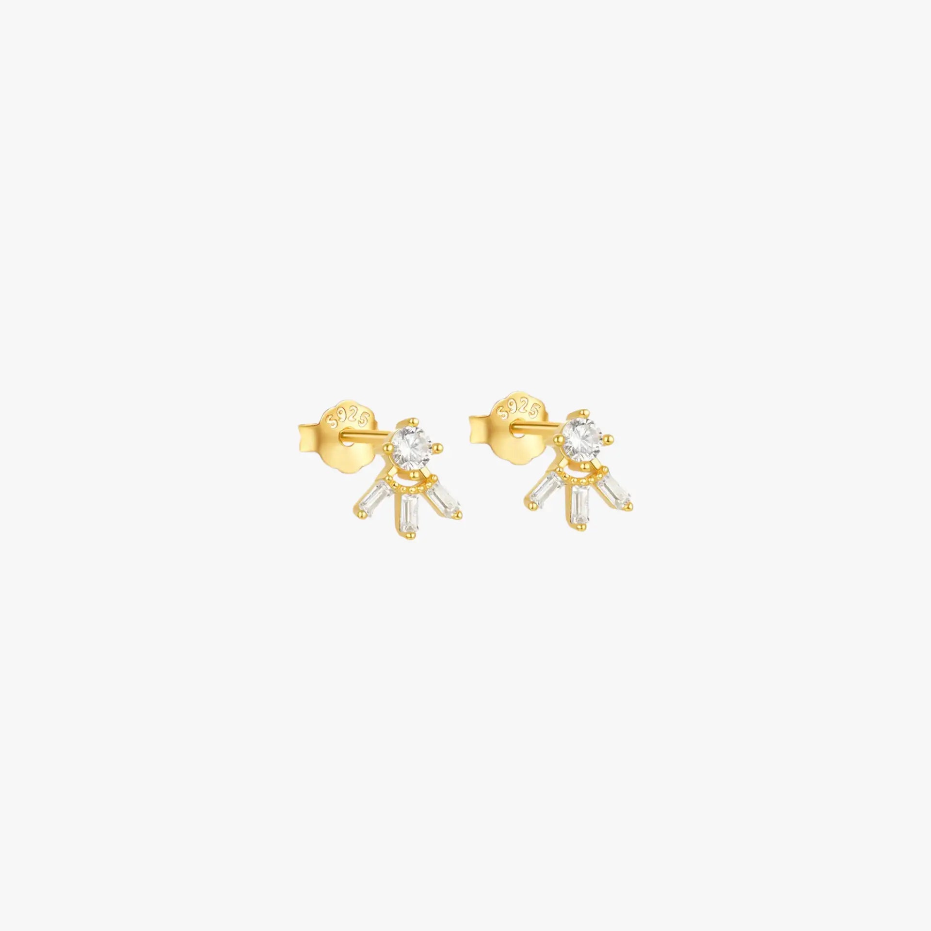 S925 sterling silver fan shape cubic zirconia stud earrings with baguette stones.