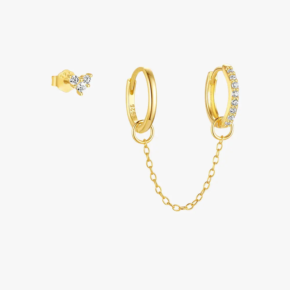 Star & Flower Zirconia Stud and Hoop Chain Earrings Set