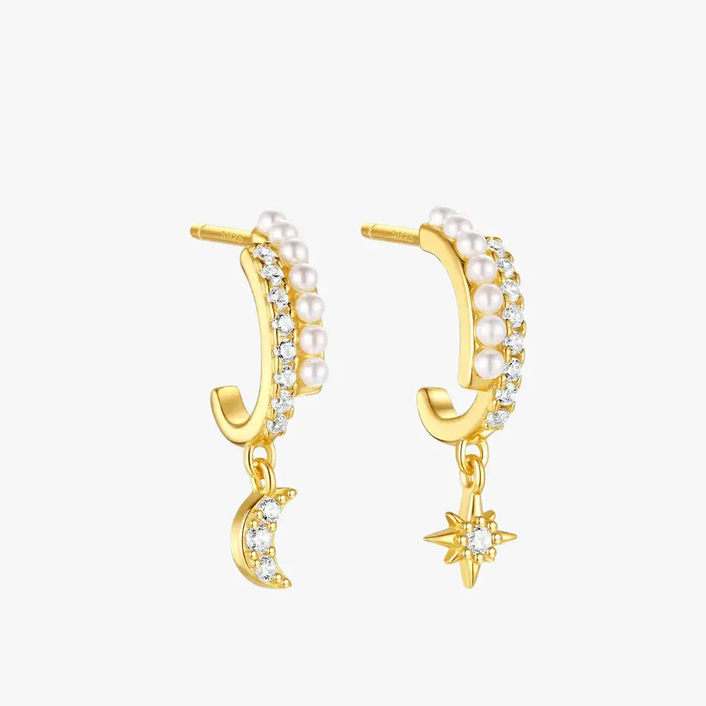 Crescent Moon and Star Pearl Hoop Earrings