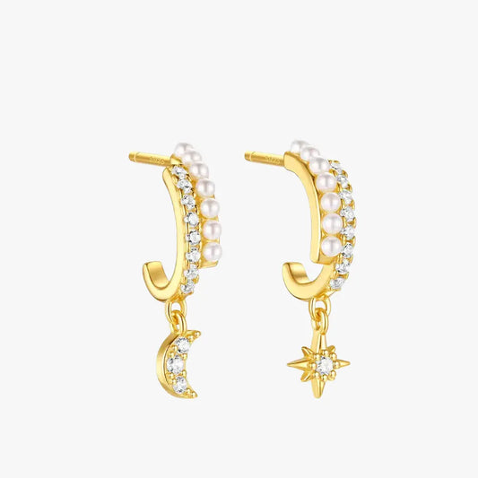 Crescent Moon and Star Pearl Hoop Earrings