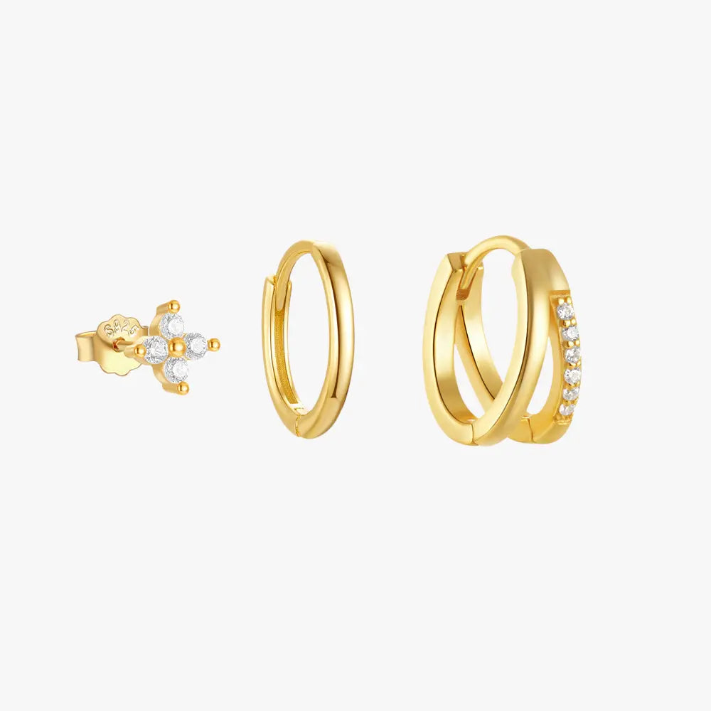 Zircon Cross Stud & Double Hoop Earring Set