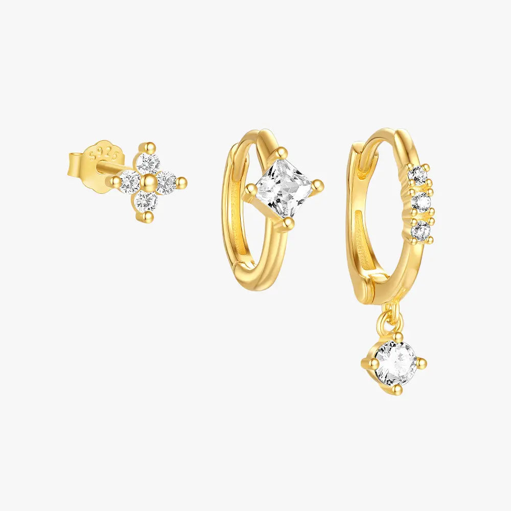 Zircon Geometric & Flower Stud Earrings Set