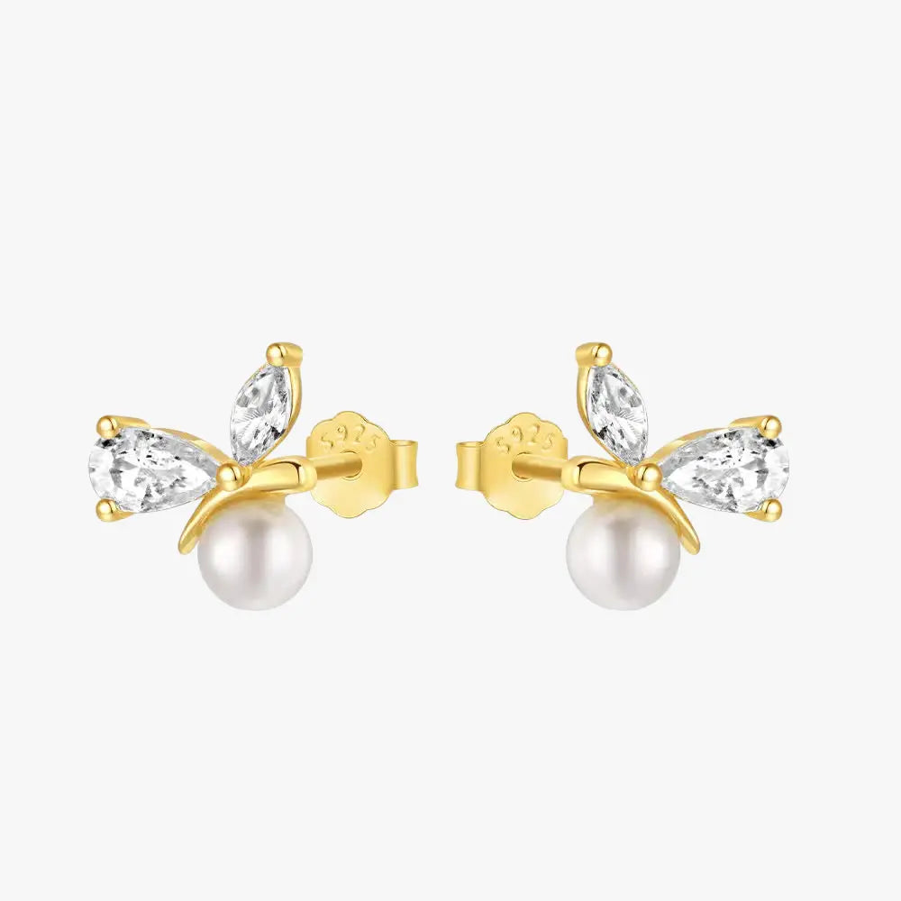 Pearl and Zirconia Leaf Stud Earrings