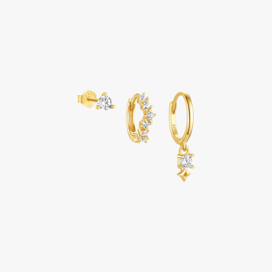 Geometric Star and Zircon Hoop Earrings Set