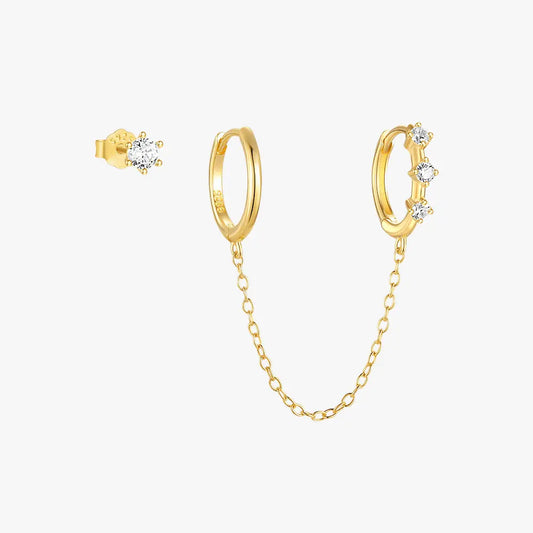 Star & Floral Zirconia Stud and Hoop Chain Earrings Set