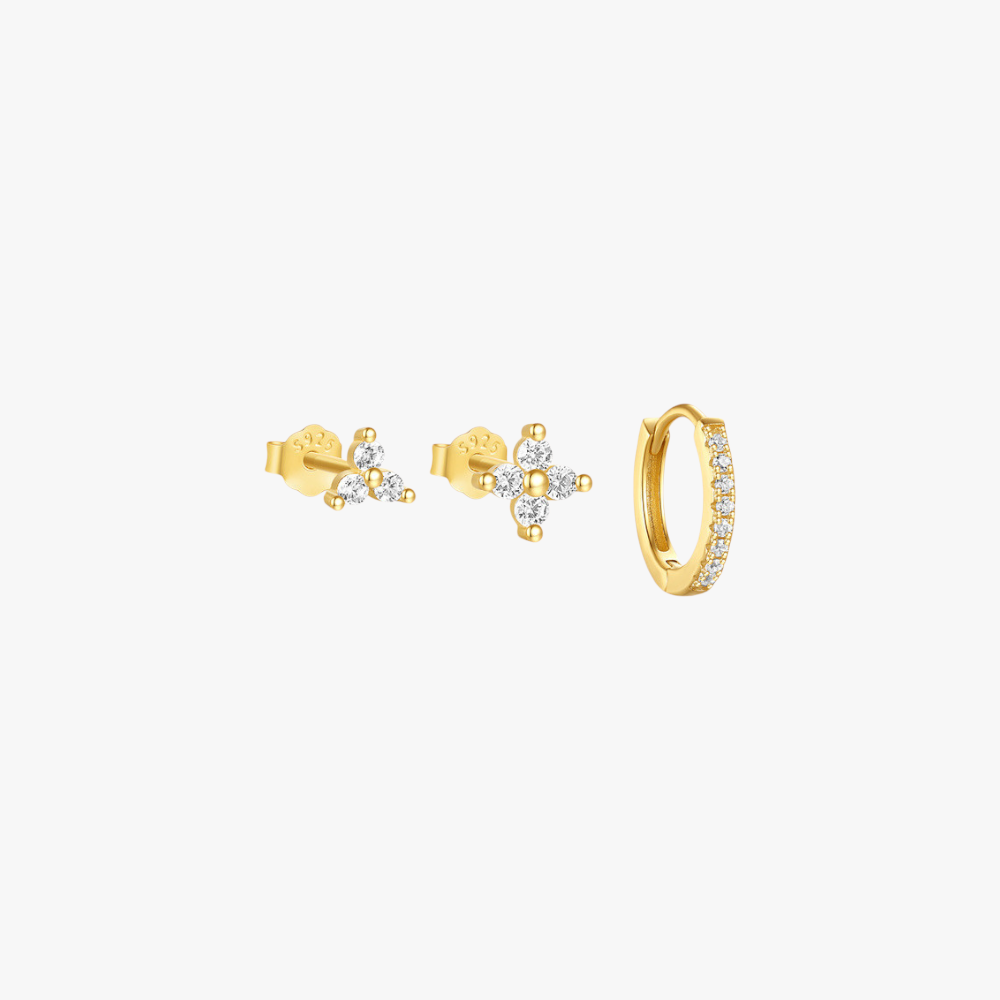 Zircon Floral Stud and Pave Hoop Earrings Set