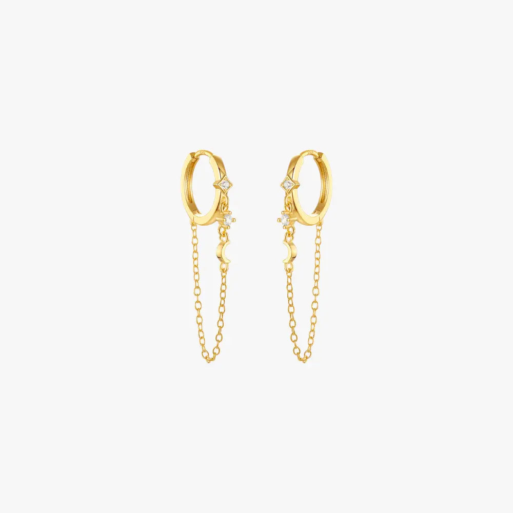 Moon and Star Chain Hoop Earrings with Zirconia