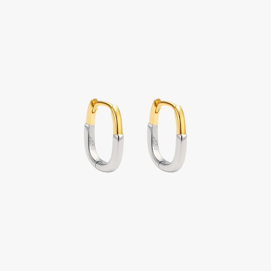 A pair of two-tone gold hoop earrings.