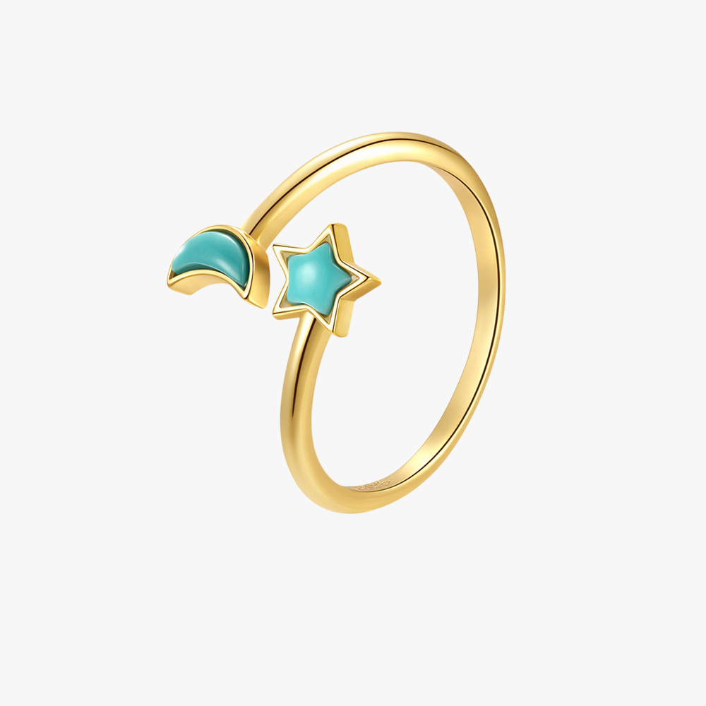 Adjustable Gold Moon and Star Turquoise Ring - 925 Sterling Silver Open Ring for Women, Minimalist Fashion Jewelry