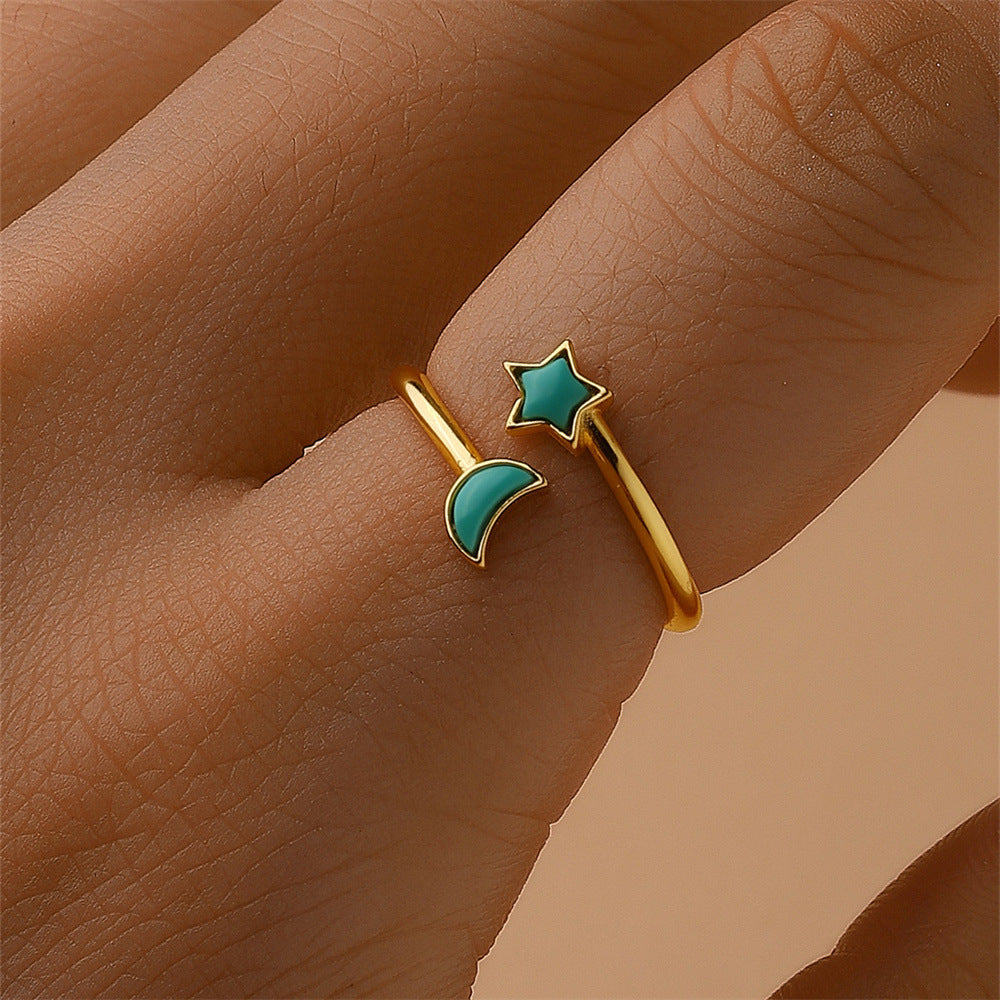 Adjustable Moon and Star Ring - Gold Plated 925 Sterling Silver with Turquoise, Dainty Open Ring for Women