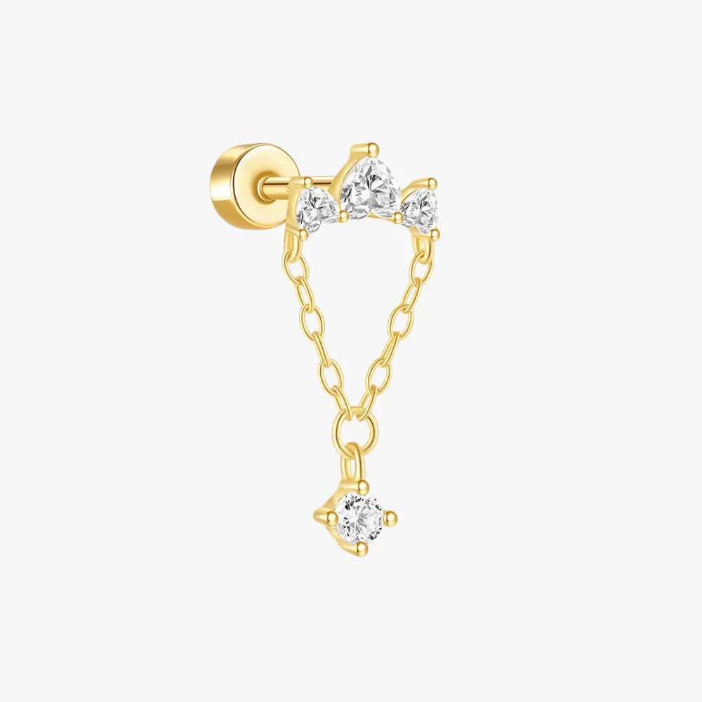 S925 gold-plated stud earring with diamond accents and a dangling chain design, modern and chic jewelry