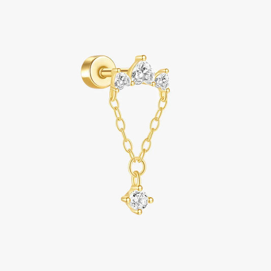 S925 gold-plated stud earring with diamond accents and a dangling chain design, modern and chic jewelry