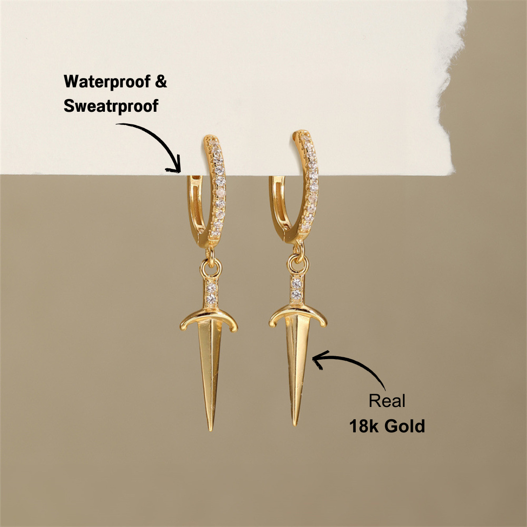 925 sterling silver dagger zircon earrings displayed on a beige background