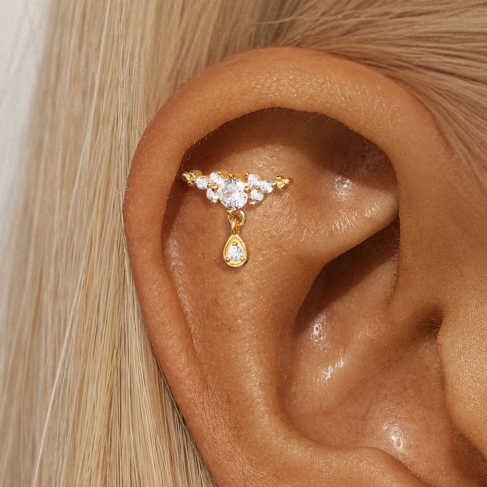 Dainty cubic zirconia cartilage earrings for women, featuring a sparkling drop design in S925 gold-plated silver.