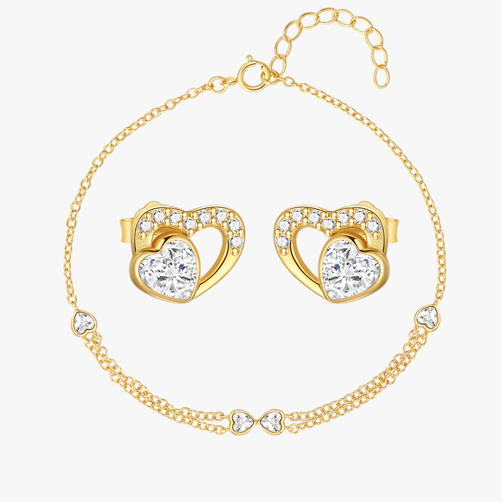 Minimalist gold heart jewelry set featuring stud earrings and an adjustable bracelet, crafted in S925 sterling silver with opal stones.