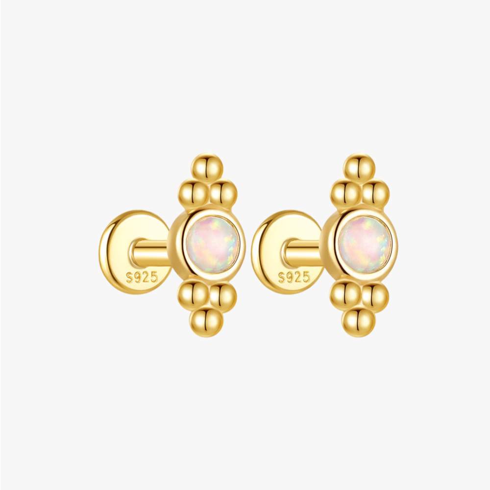 Dainty opal cartilage stud earrings in 18K gold-plated sterling silver, perfect for helix and lobe piercings.