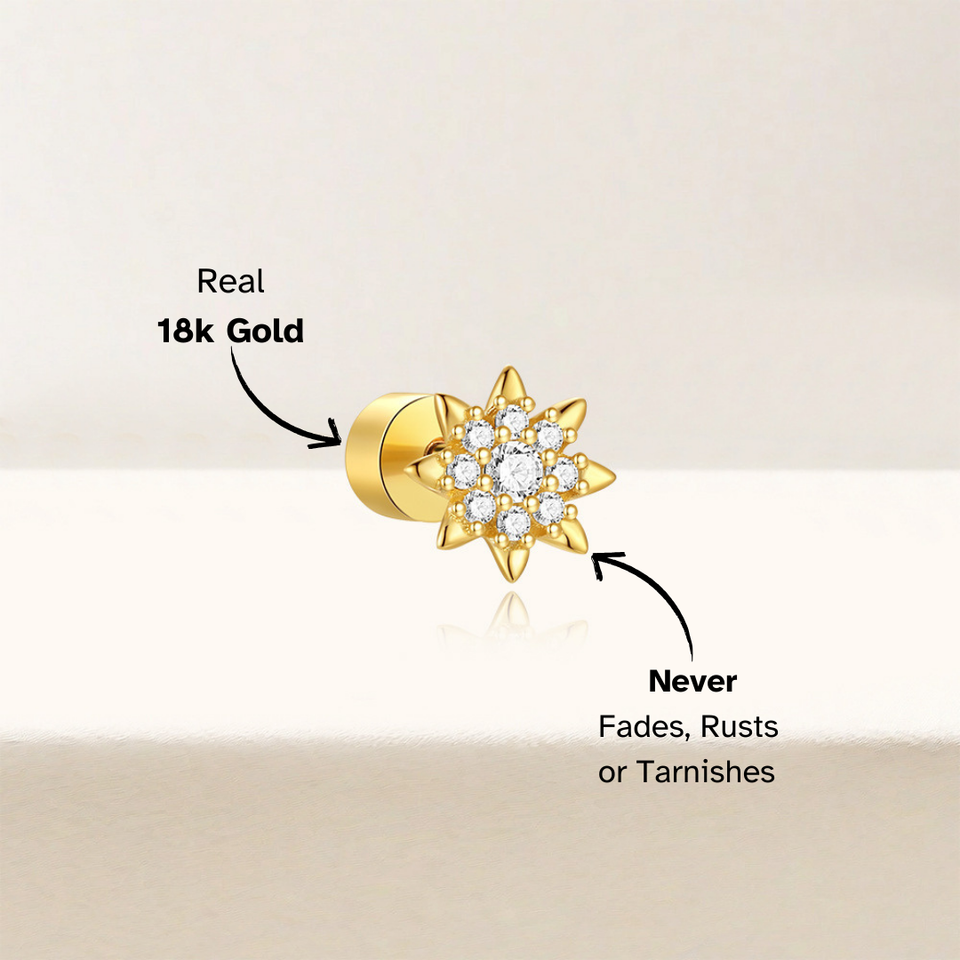 Elegant sun-inspired gold stud earrings featuring dazzling cubic zirconia accents.