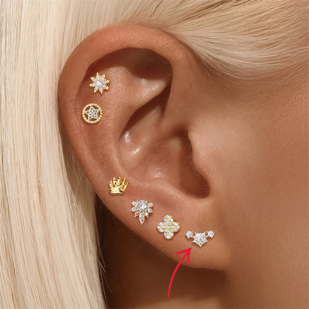 Model wearing S925 sterling silver zircon stud earrings, styled for a chic and modern ear-piercing look.