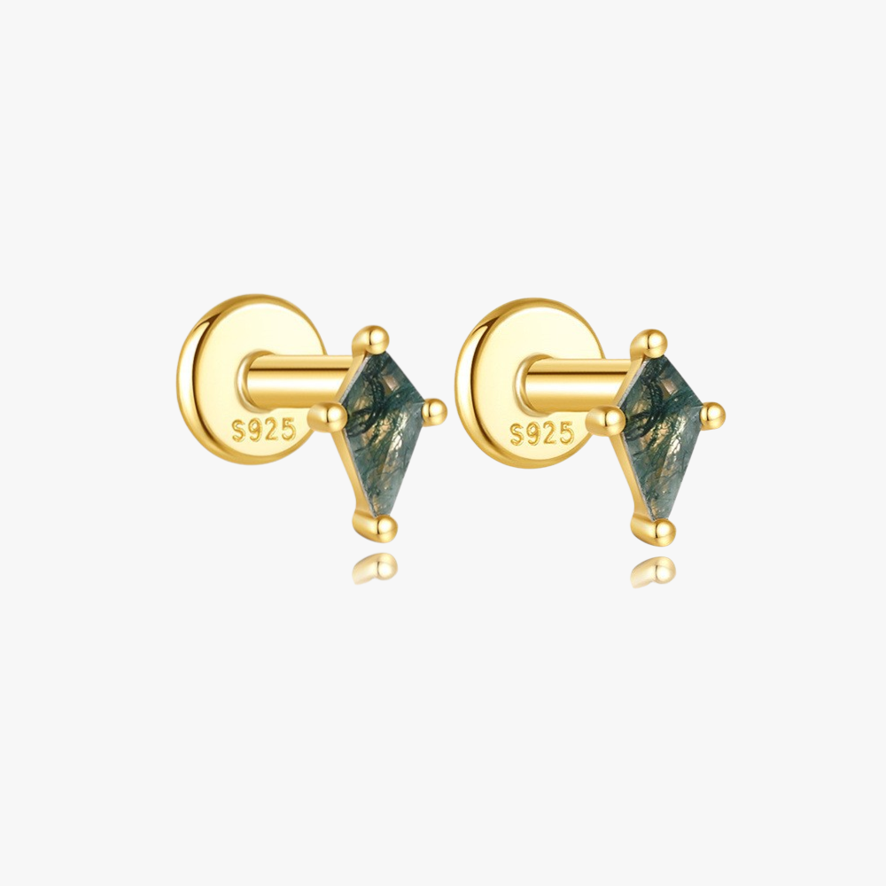 Diamond-Cut Moss Agate Stud Earrings - 925 Sterling Silver Gold Plated Minimalist Piercing Jewelry